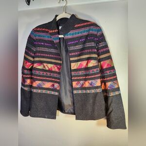 Coldwater Creek Jacket Boho Open Denim Blazer Embroidered‎ Ribbon Artsy Sz 8